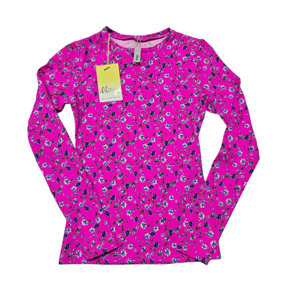 NEW MAAJI Womens Long Sleeve Ribbed Floral Print Pink T-Shirt Size S NWT‎